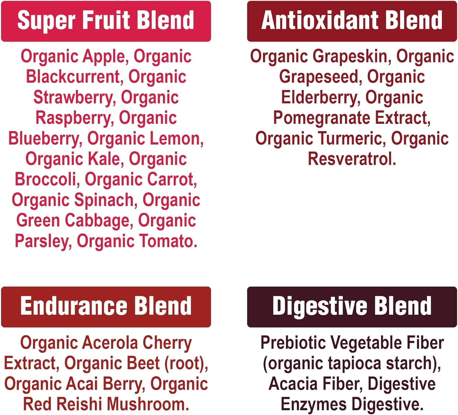 Peak Performance Organic Reds packaged tub emphasizes organic vegan formula.