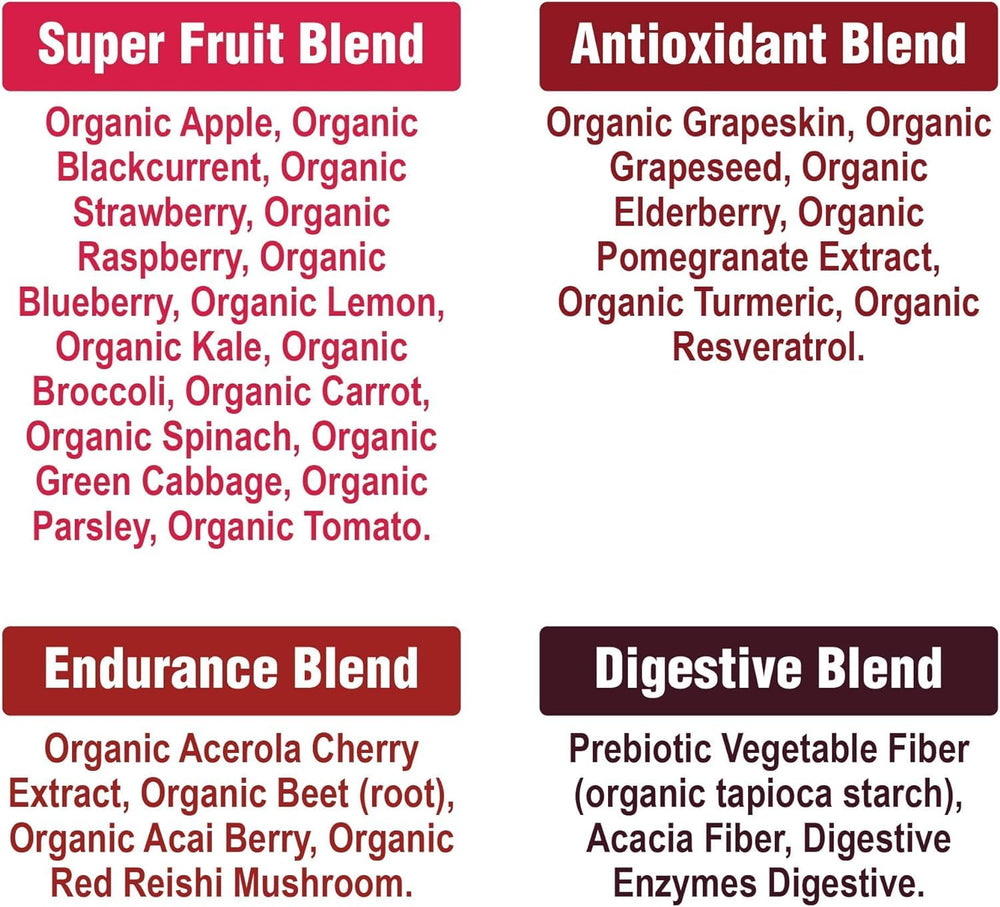 Peak Performance Organic Reds packaged tub emphasizes organic vegan formula.