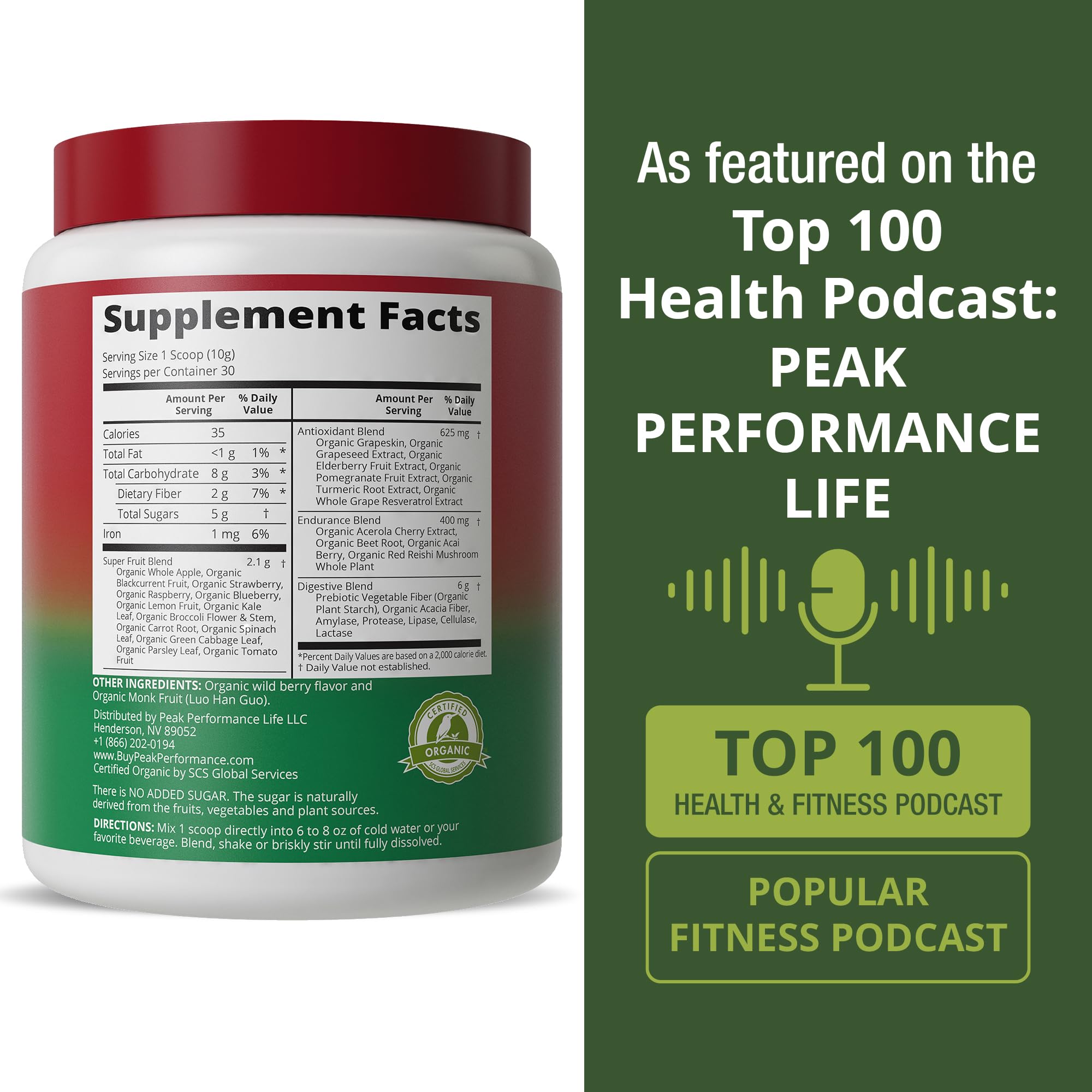 Peak Performance Organic Reds spoon dispensing a convenient serving.