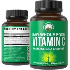 Peak Performance Raw Vitamin C Acerola bottle with 90 vegan capsules for daily use