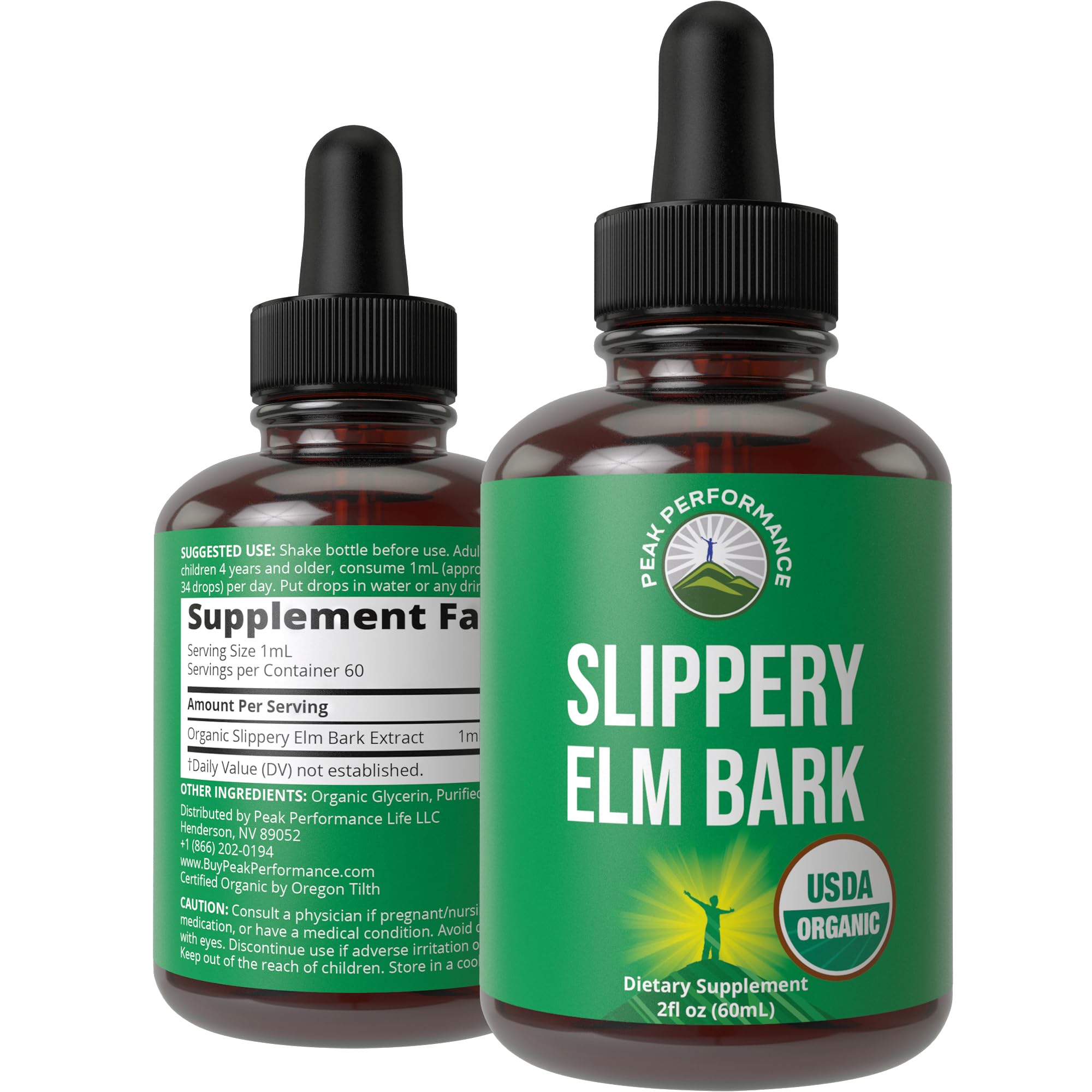 Peak Performance Slippery Elm Bark Drops bottle highlights branding and throat support use.