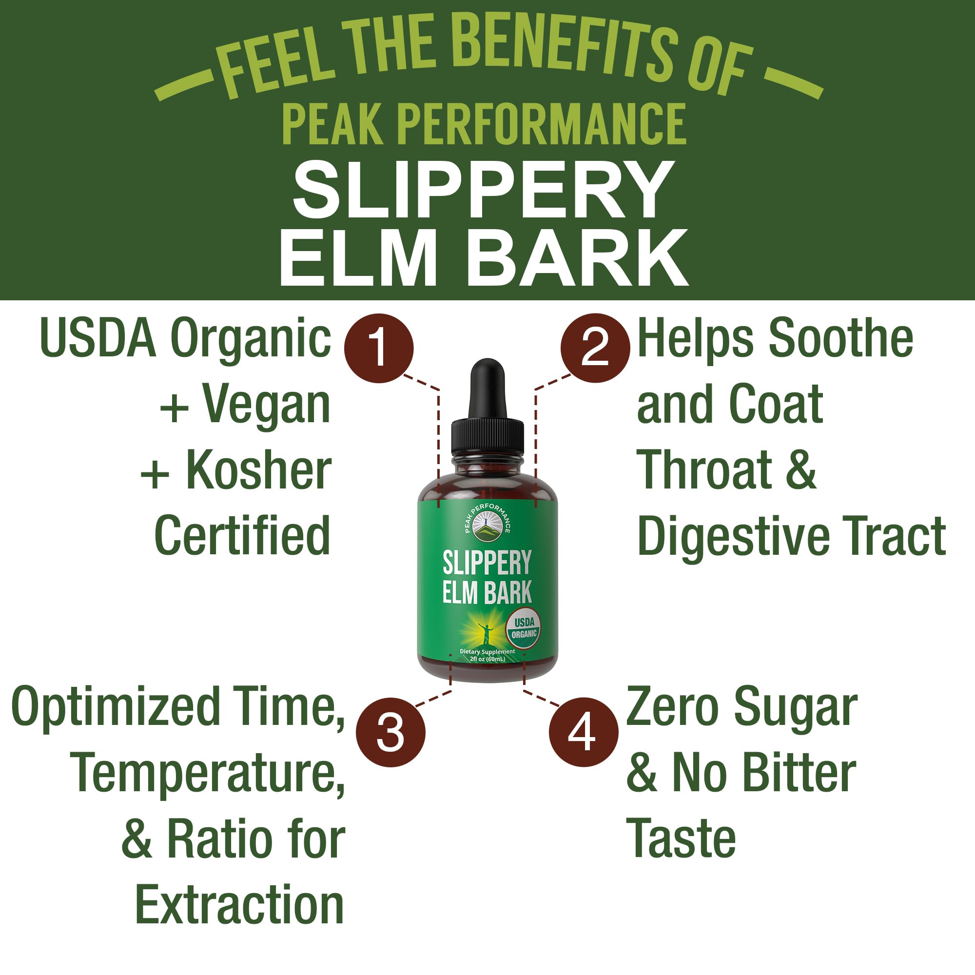 Peak Performance Slippery Elm Bark Drops dosing dropper enables easy, sugar-free administration.