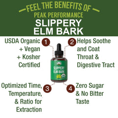 Peak Performance Slippery Elm Bark Drops dosing dropper enables easy, sugar-free administration.