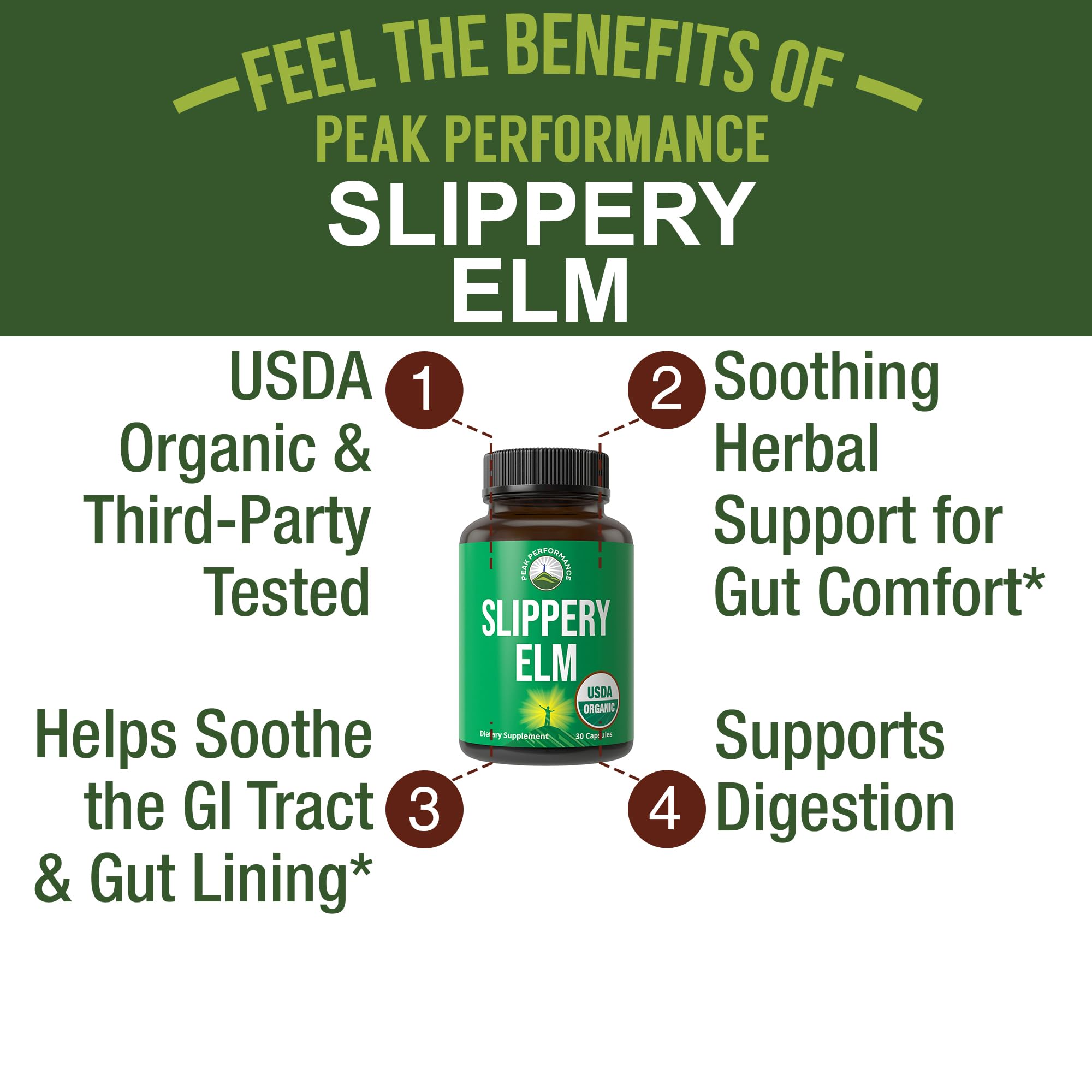 Peak Performance Slippery Elm capsules close-up highlighting vegan formula.