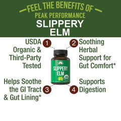 Peak Performance Slippery Elm capsules close-up highlighting vegan formula.
