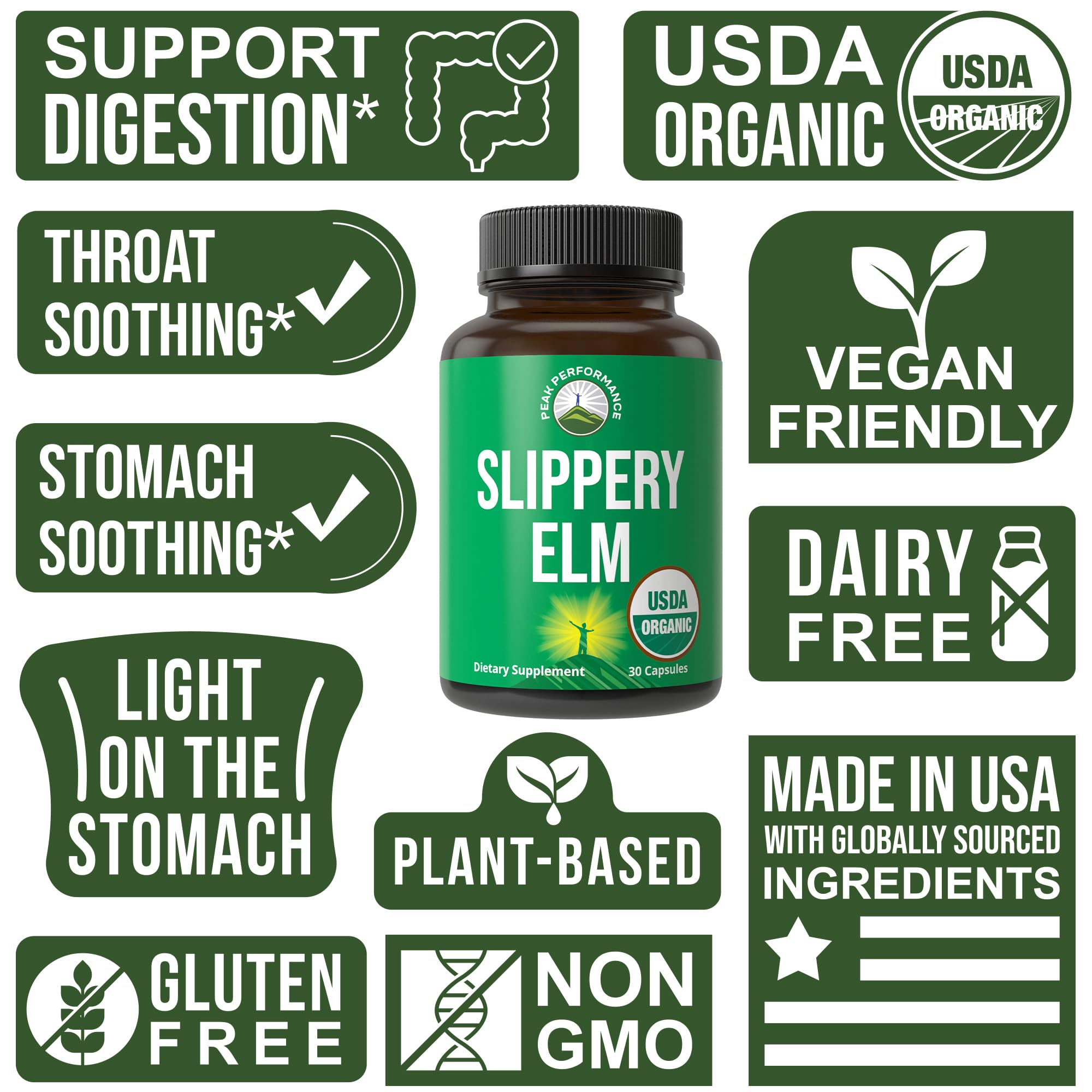 Peak Performance Slippery Elm powder inside capsules showcasing organic nature.