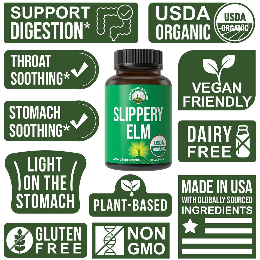 Peak Performance Slippery Elm powder inside capsules showcasing organic nature.