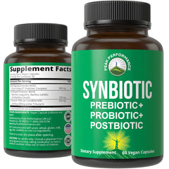 Peak Performance Synbiotic bottle front view showing 3-in-1 capsules for daily gut support.