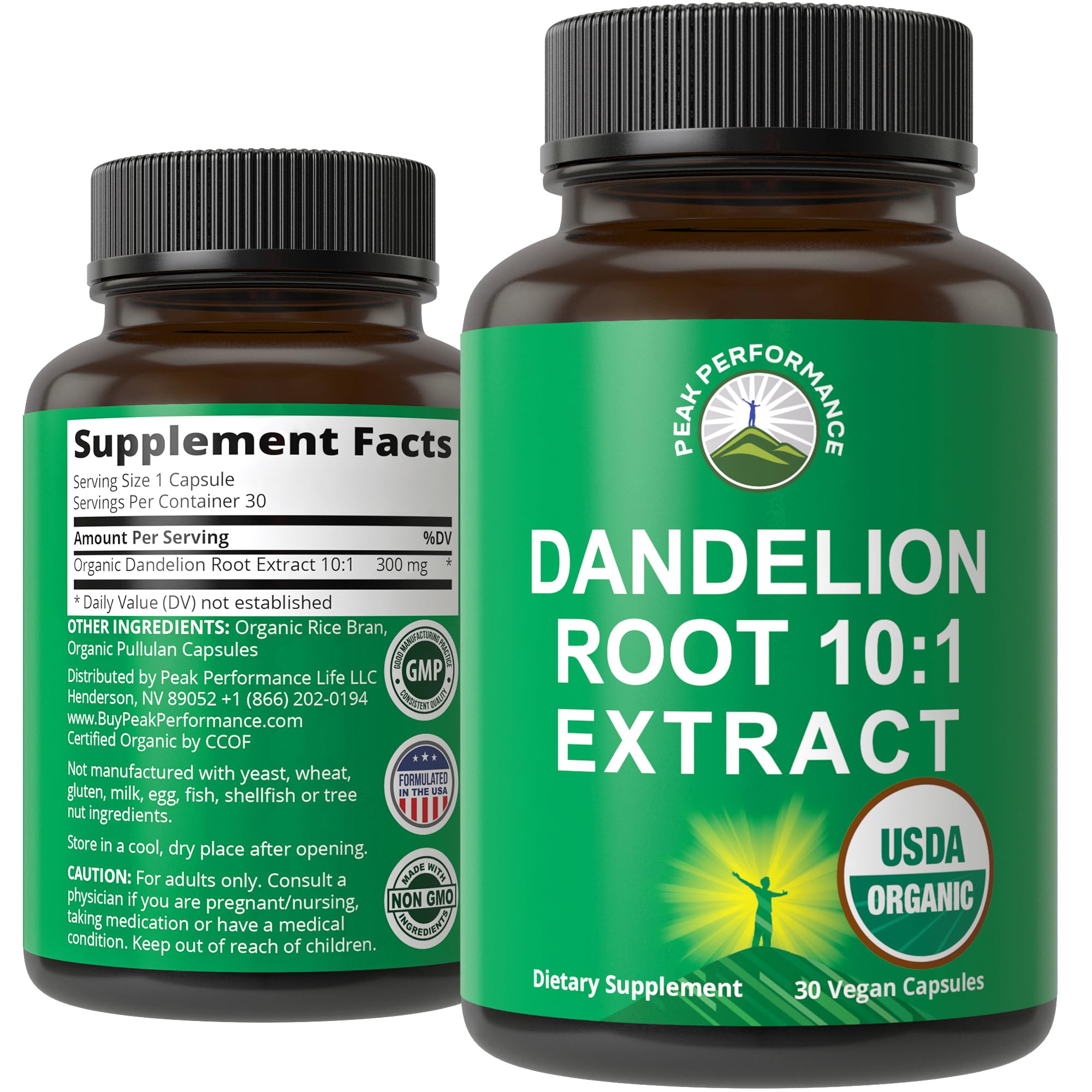 Peak Performance USDA Organic Dandelion bottle front showing clean, potent extract for daily detox support.