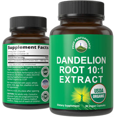 Peak Performance USDA Organic Dandelion bottle front showing clean, potent extract for daily detox support.