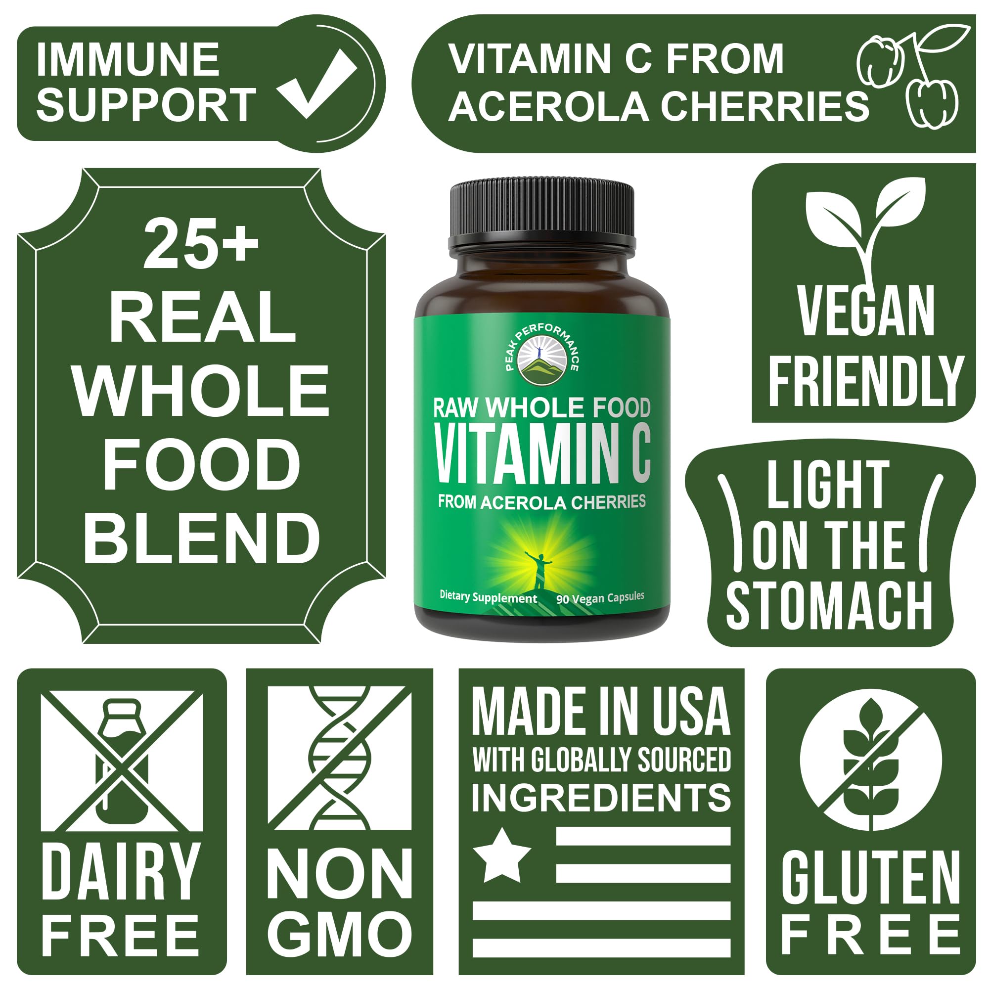 Peak Performance packaging shows vegan and gluten-free labeling for mindful supplementation