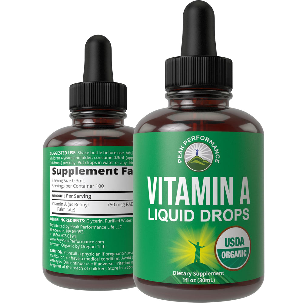 Peak Performance Vitamin A Liquid Drops bottle showing the organic formula for eye and skin support.