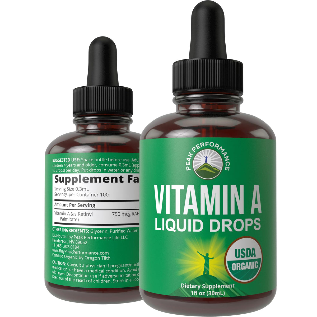 Peak Performance Vitamin A Liquid Drops bottle showing the organic formula for eye and skin support.