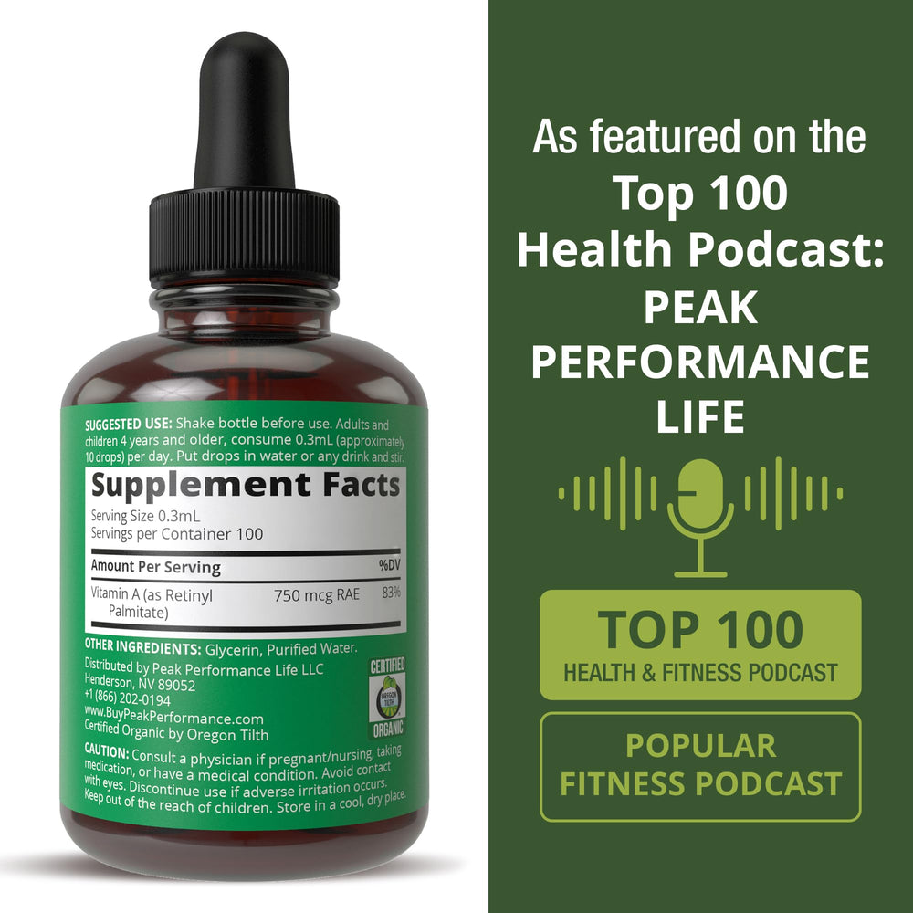Gluten-free stamp appears on Peak Performance Vitamin A Drops packaging.