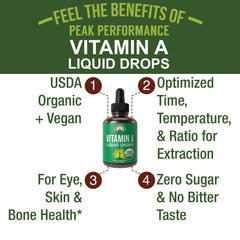 Pouring Peak Performance Vitamin A Drops into a glass for easy daily use.
