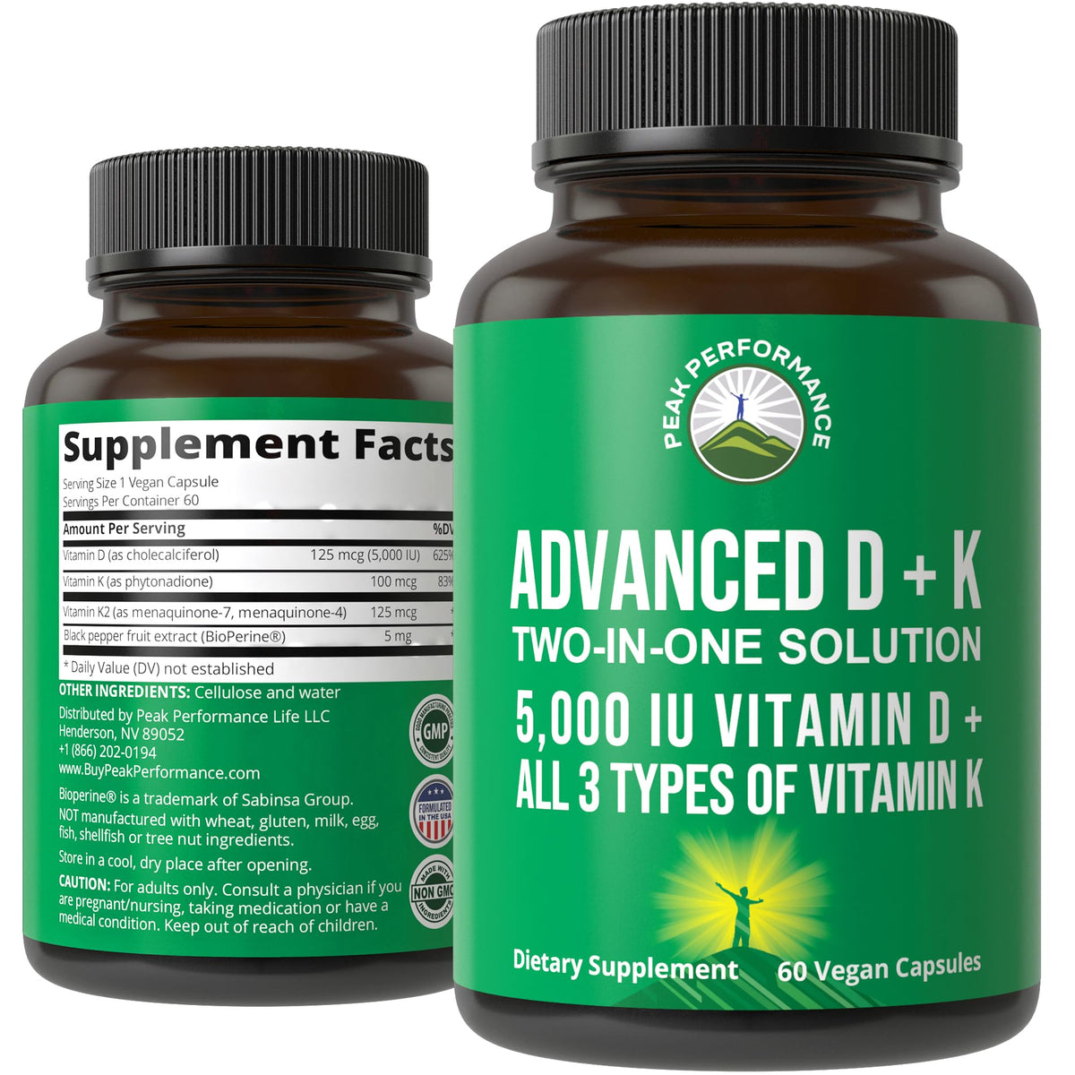 Peak Performance Vitamin D 5000 IU bottle showcases a daily wellness formula for bone support.