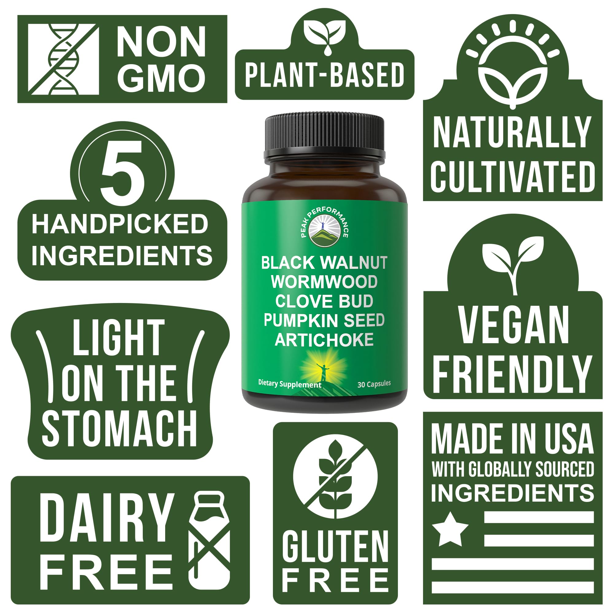 Peak Performance Wormwood Cleanse capsules demonstrate daily dosage convenience