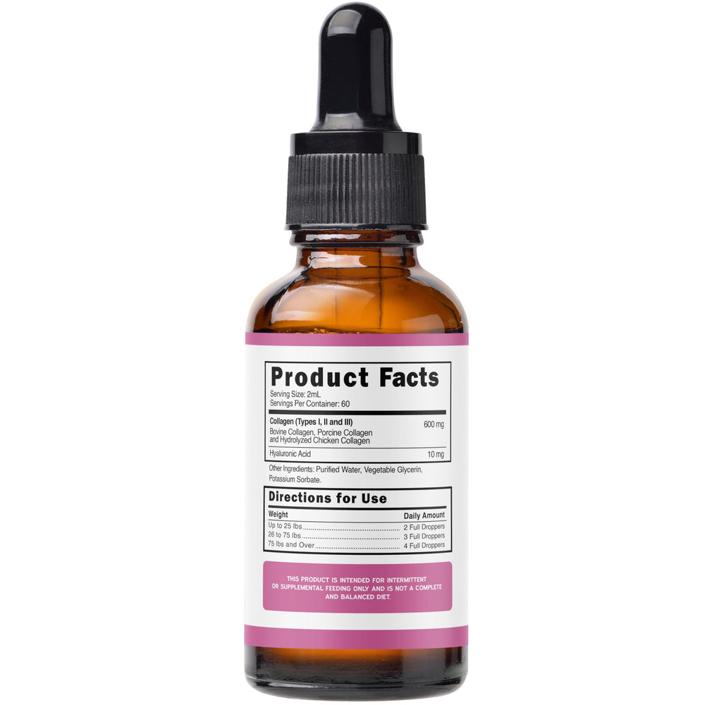 Peak Pets Liquid Collagen for Dogs dropper dispensing for easy daily dosing.
