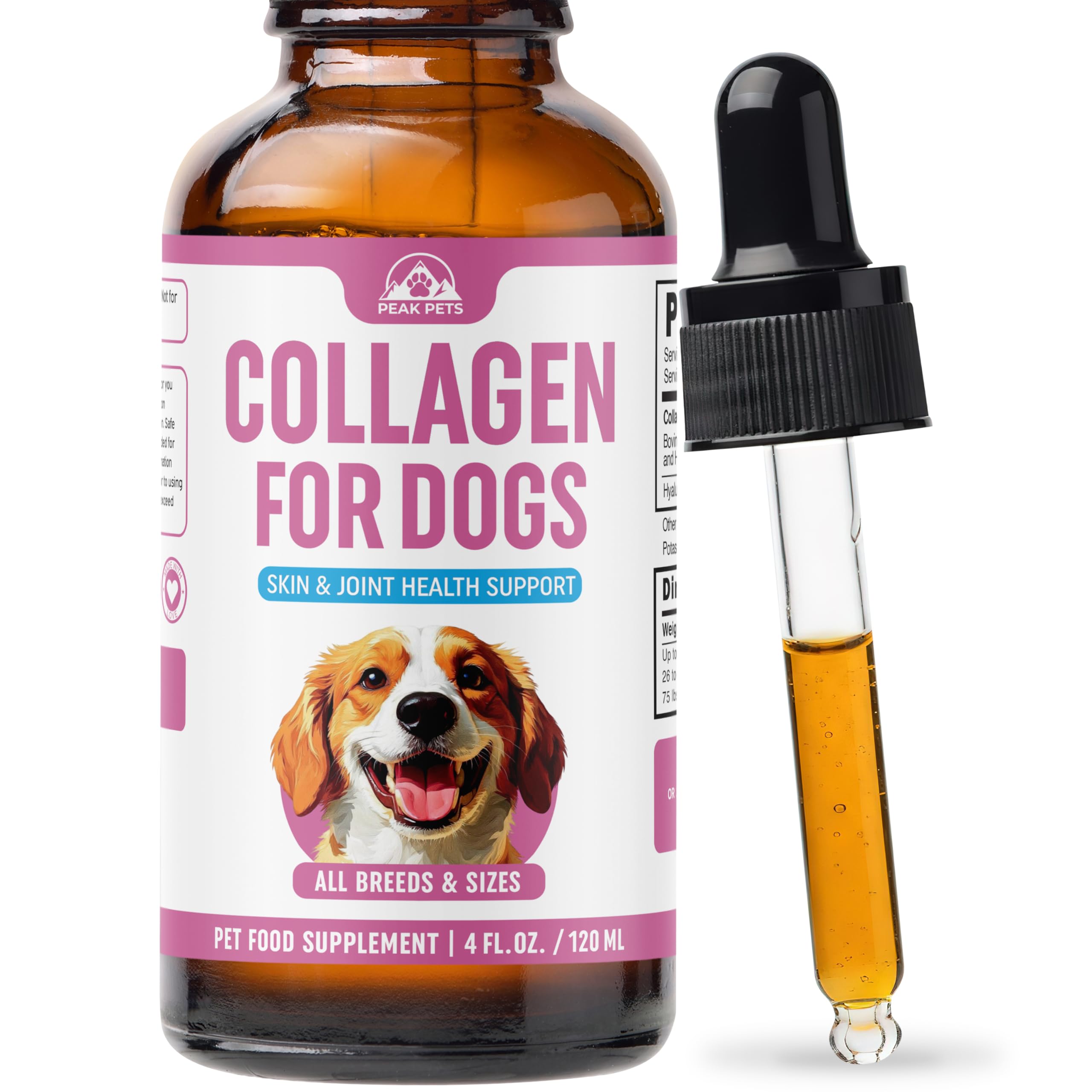 Peak Pets Premium Liquid Collagen for Dogs bottle and pour to support joint comfort.
