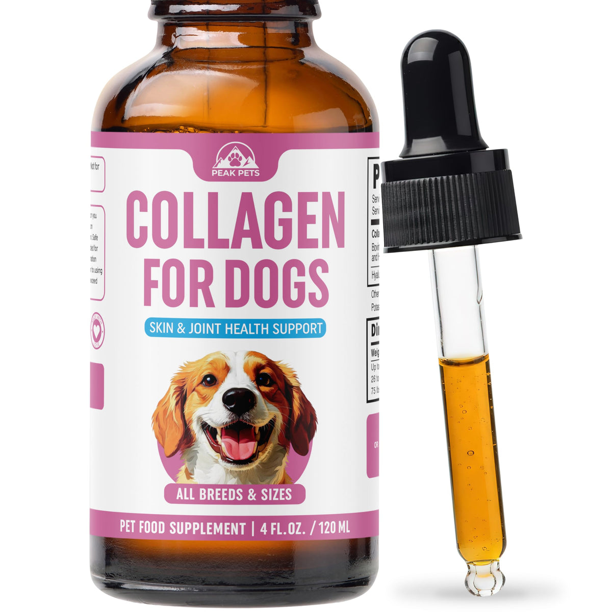 Peak Pets Premium Liquid Collagen for Dogs bottle and pour to support joint comfort.