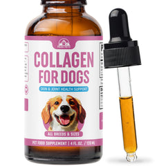 Peak Pets Premium Liquid Collagen for Dogs bottle and pour to support joint comfort.