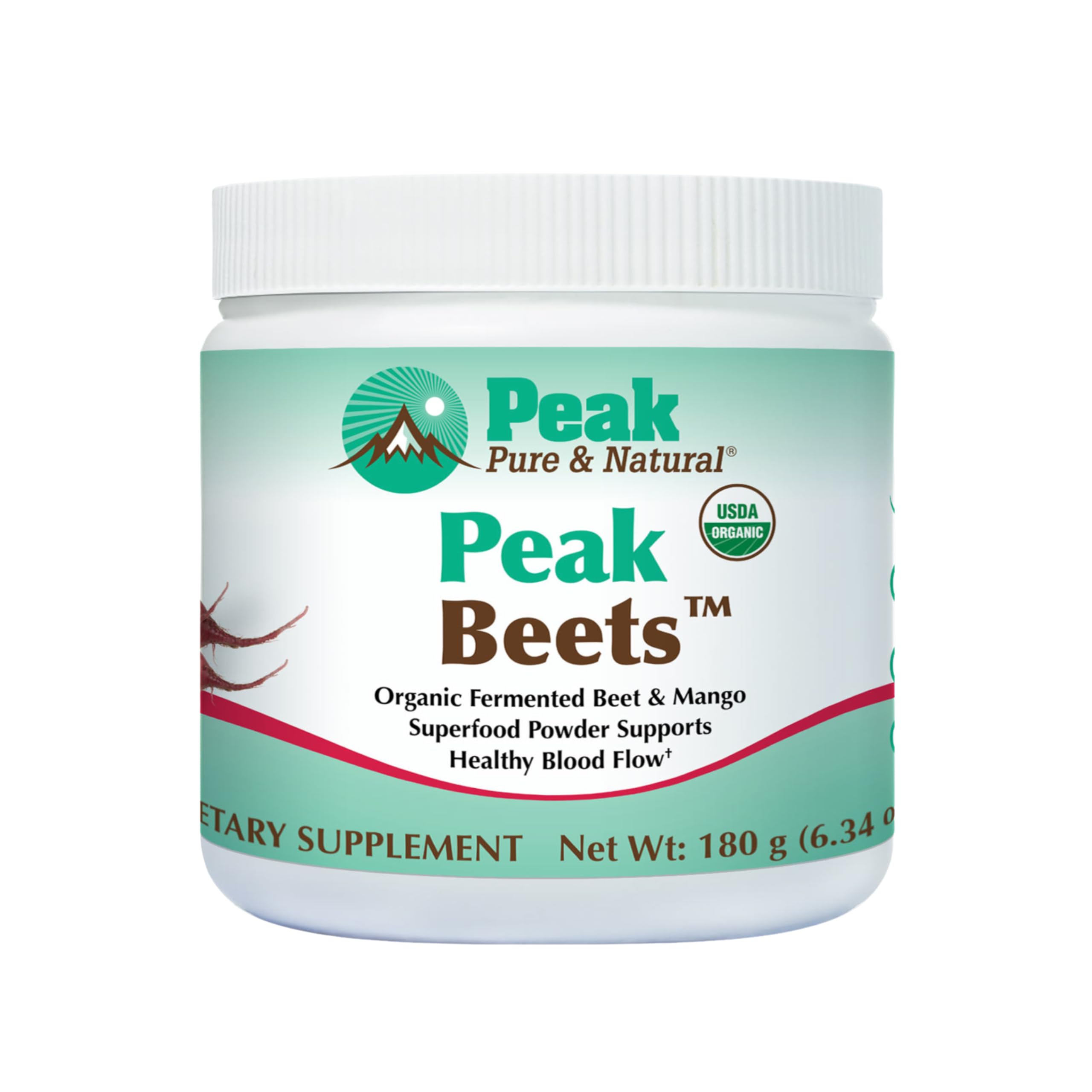Peak Pure & Natural Peak Organic Fermented Beets canister for daily beet powder and potential blood flow support