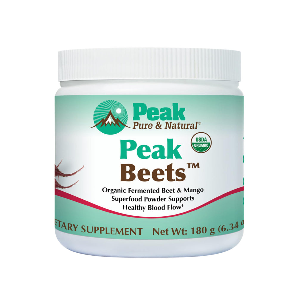 Peak Pure & Natural Peak Organic Fermented Beets canister for daily beet powder and potential blood flow support