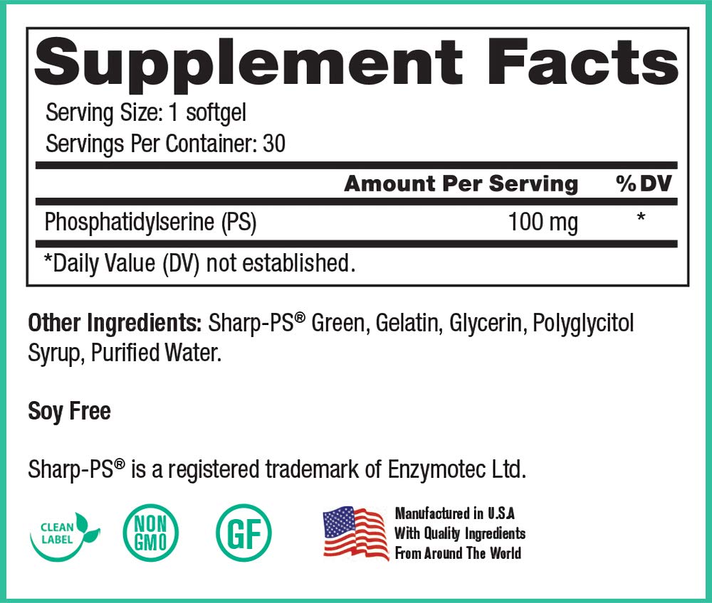 Peak PS bottle closeup highlights soy-free, non-GMO brain health formula.