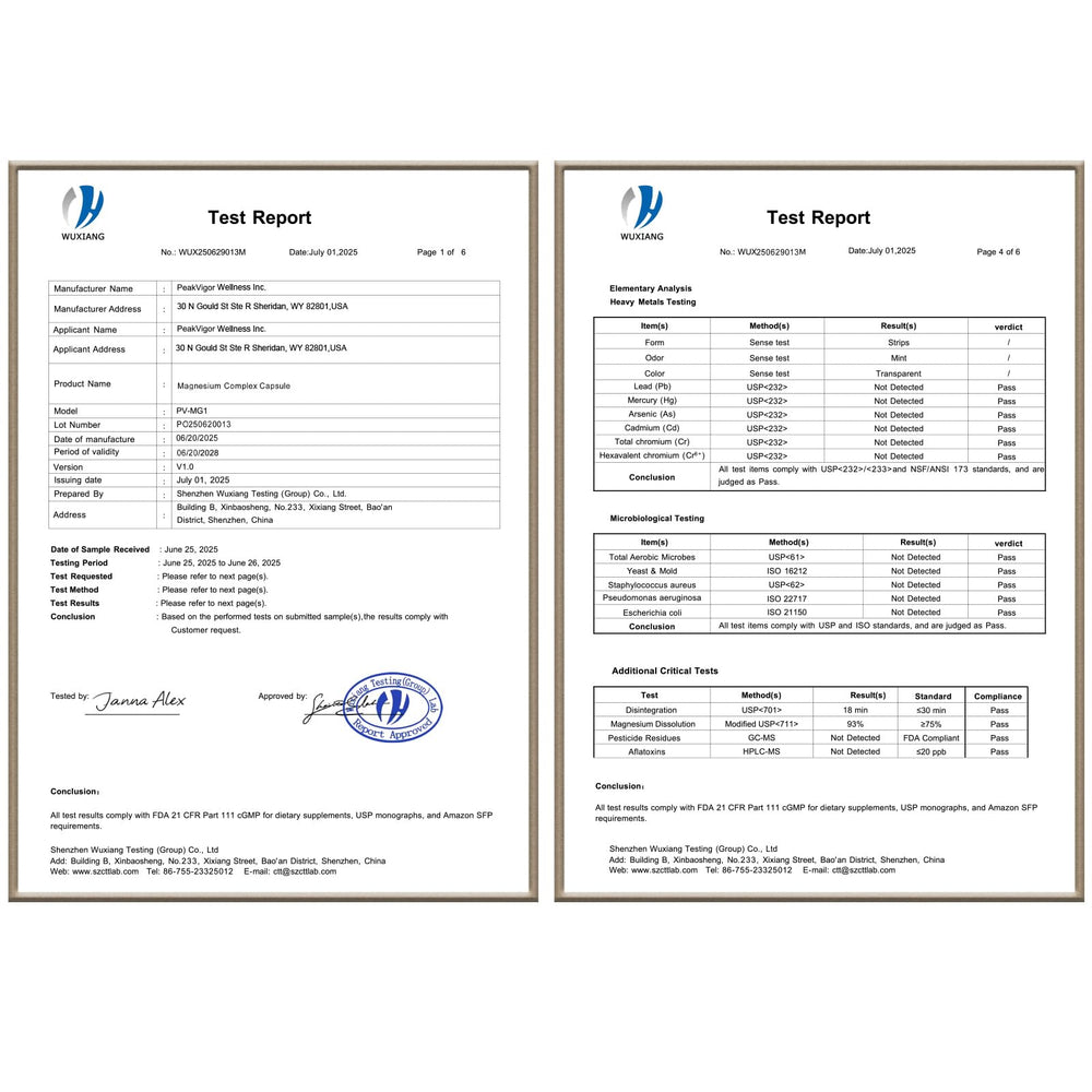Label detail for Peak Vigor Wellness 5 in 1 magnesium with blend information
