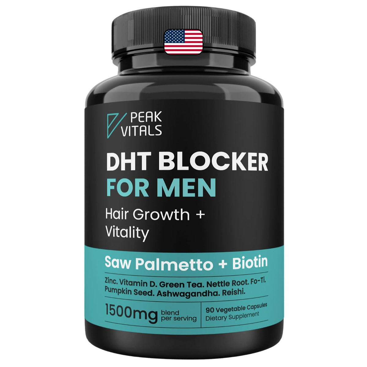 PEAK VITALS DHT Blocker bottle front for potential thicker-looking hair.
