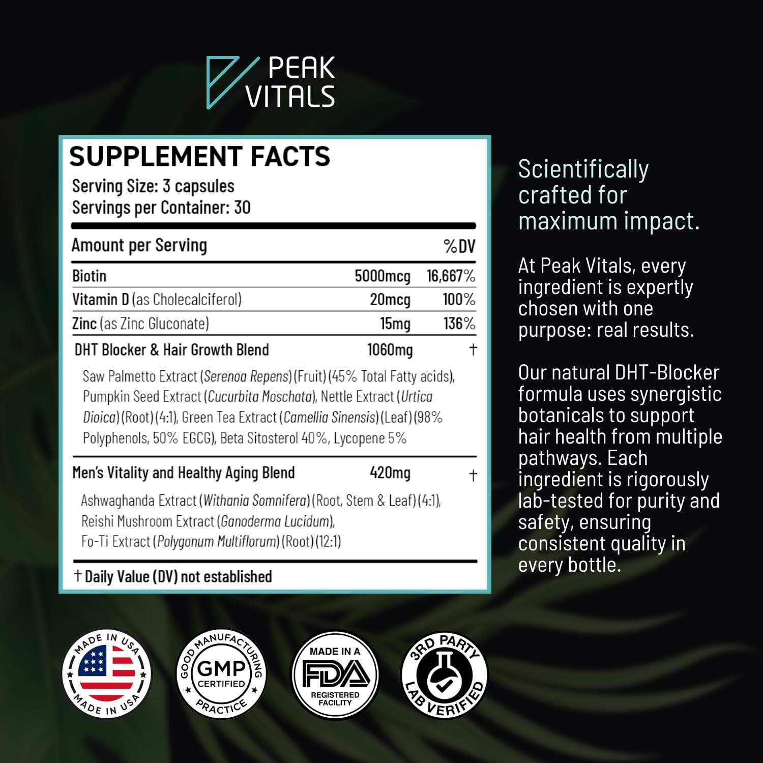 Pouring PEAK VITALS DHT Blocker capsules shows easy daily supplementation.