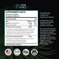 Pouring PEAK VITALS DHT Blocker capsules shows easy daily supplementation.
