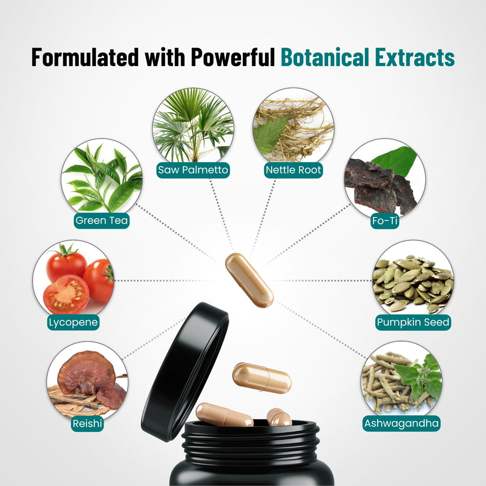 Biotin and green tea ingredients visible on PEAK VITALS DHT Blocker bottle.