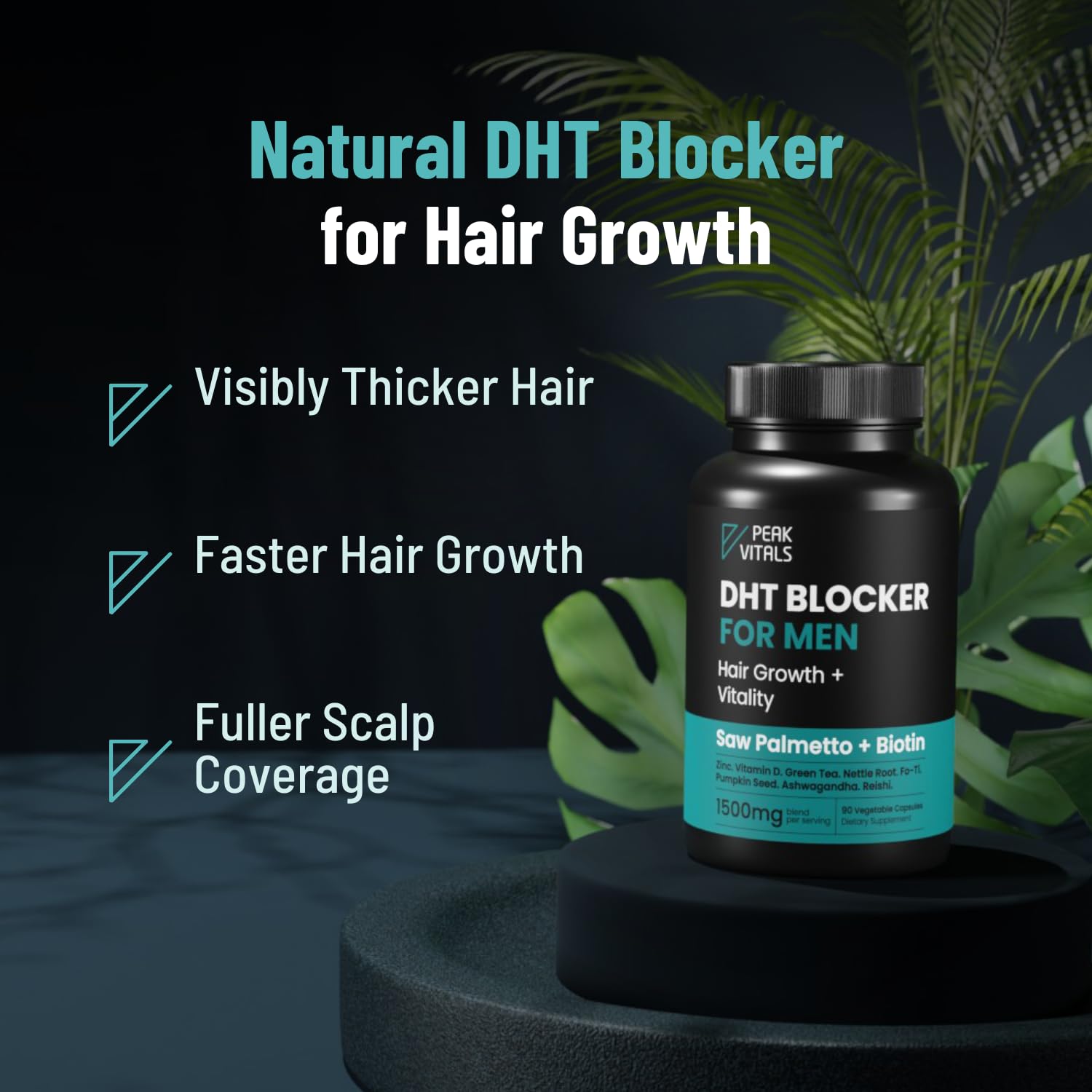 Closeup of PEAK VITALS DHT Blocker label highlighting key ingredients.
