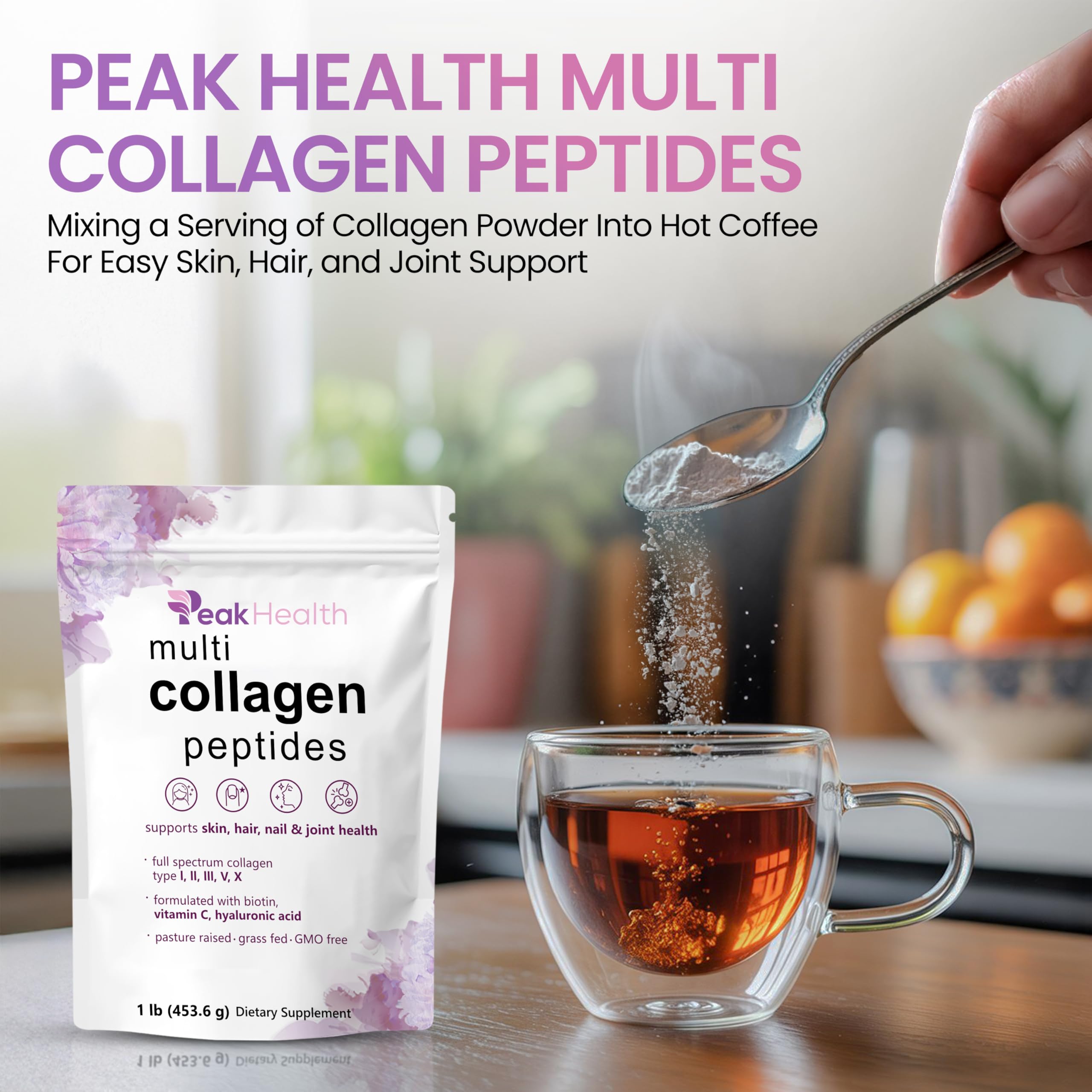 Peakhealth bottle label detail emphasizing collagen types I to X