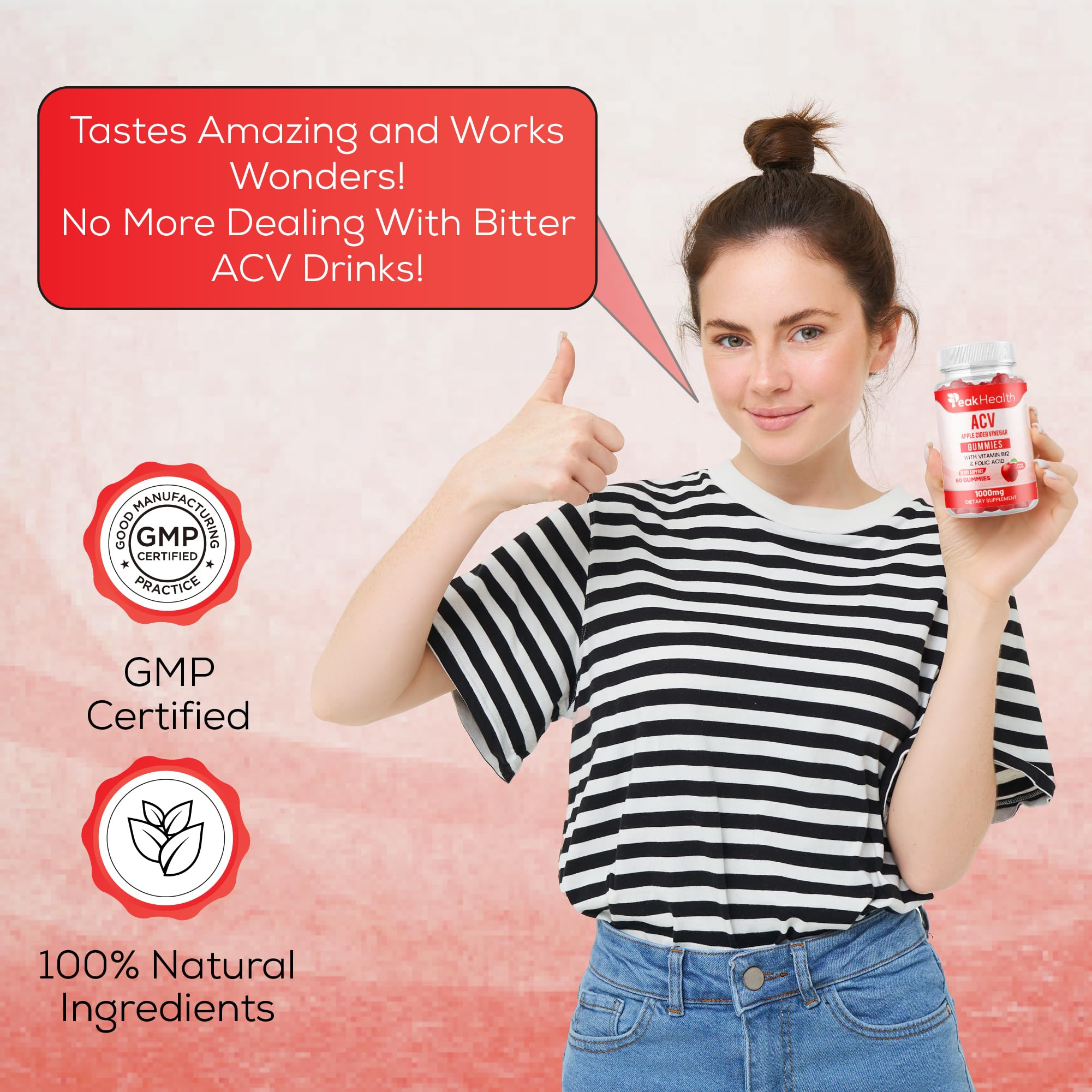 Peakhealth one-gummy daily dosage displayed on a spoon for routine.