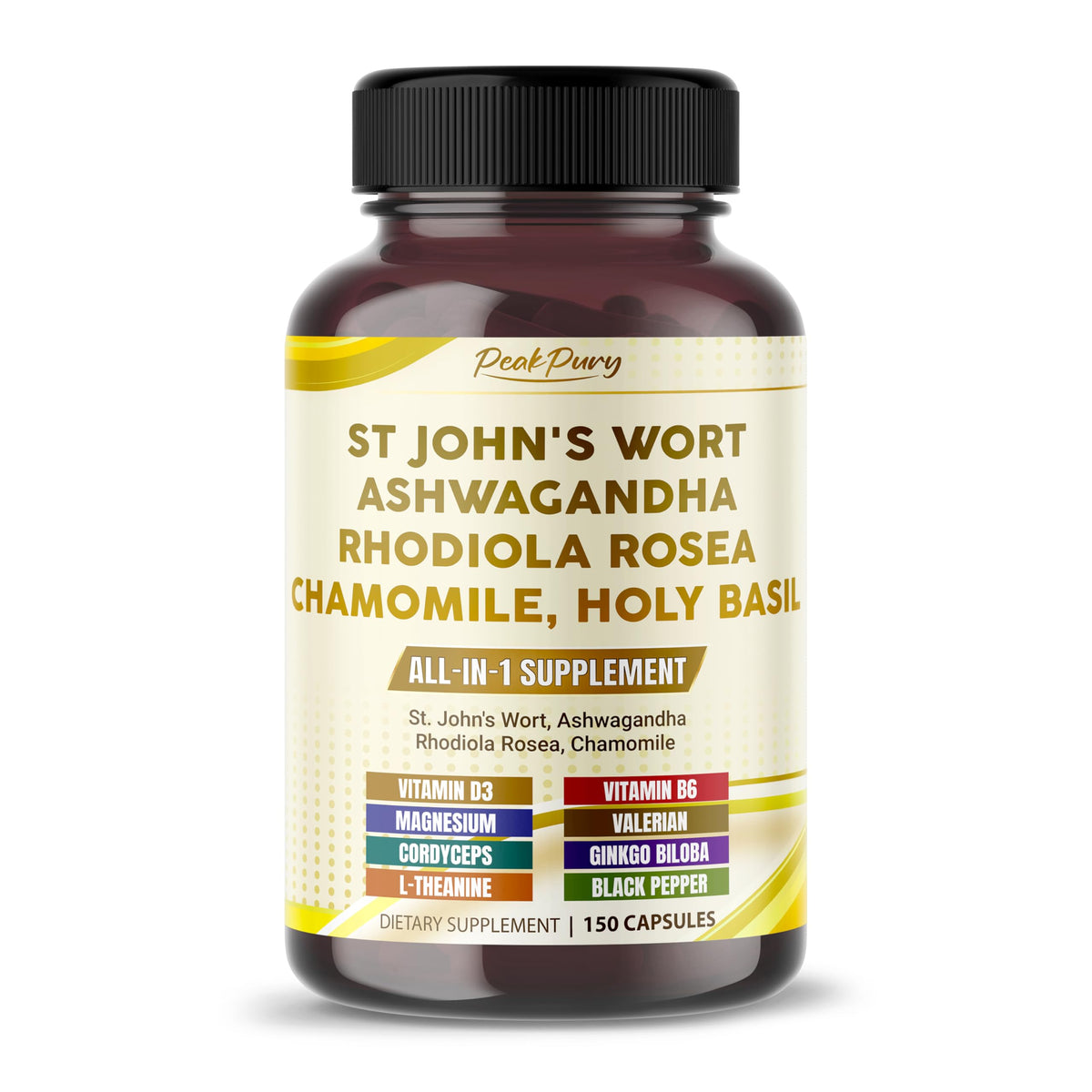 Peakpury bottle front showing vegan, non-GMO supplement for daily wellness