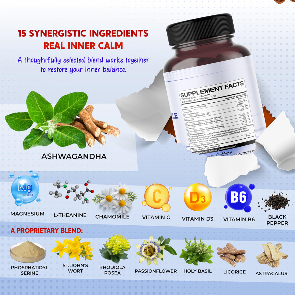 PeakPury Cortisol Health ingredients list includes Ashwagandha and Chamomile
