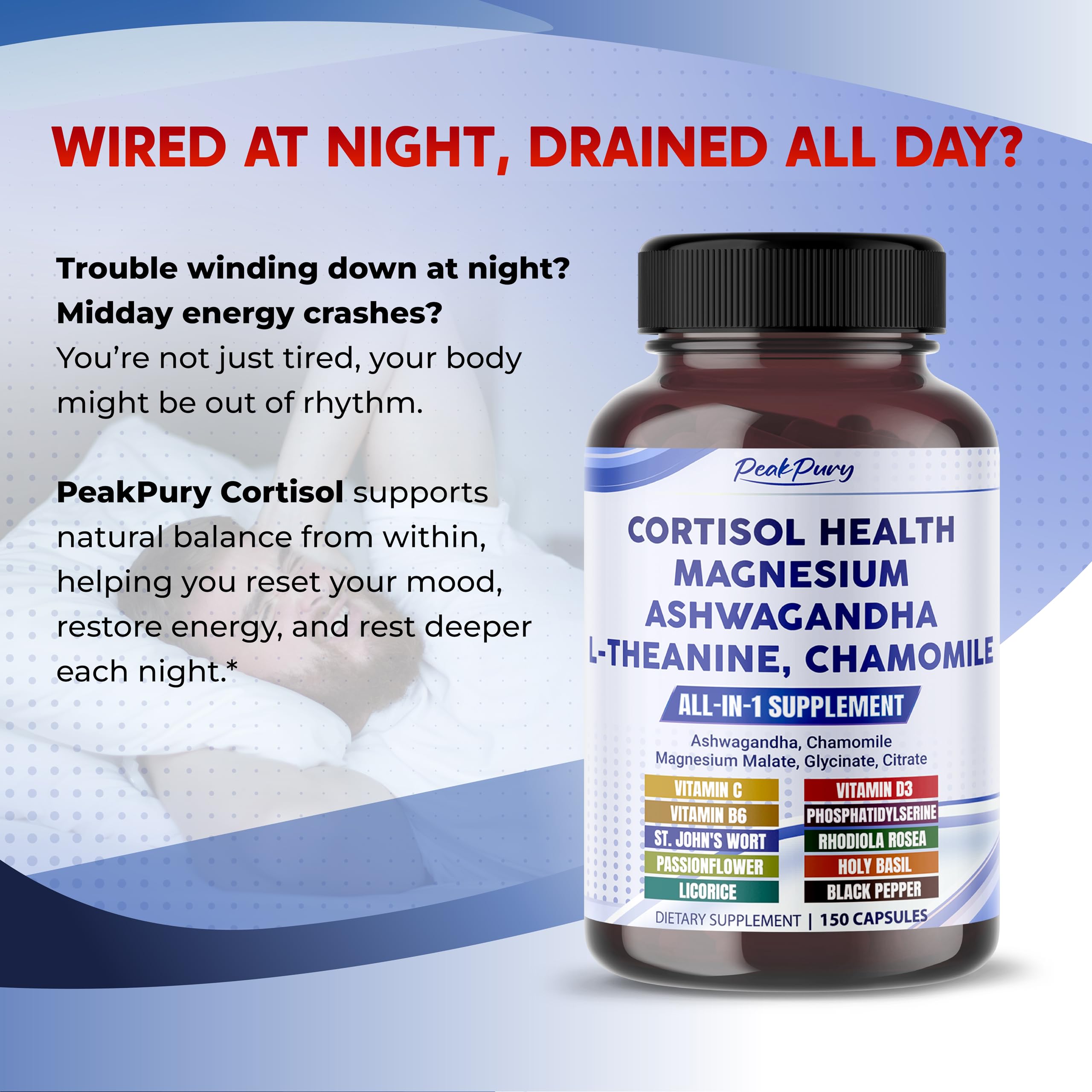 PeakPury Cortisol Health label highlights the high-potency blend