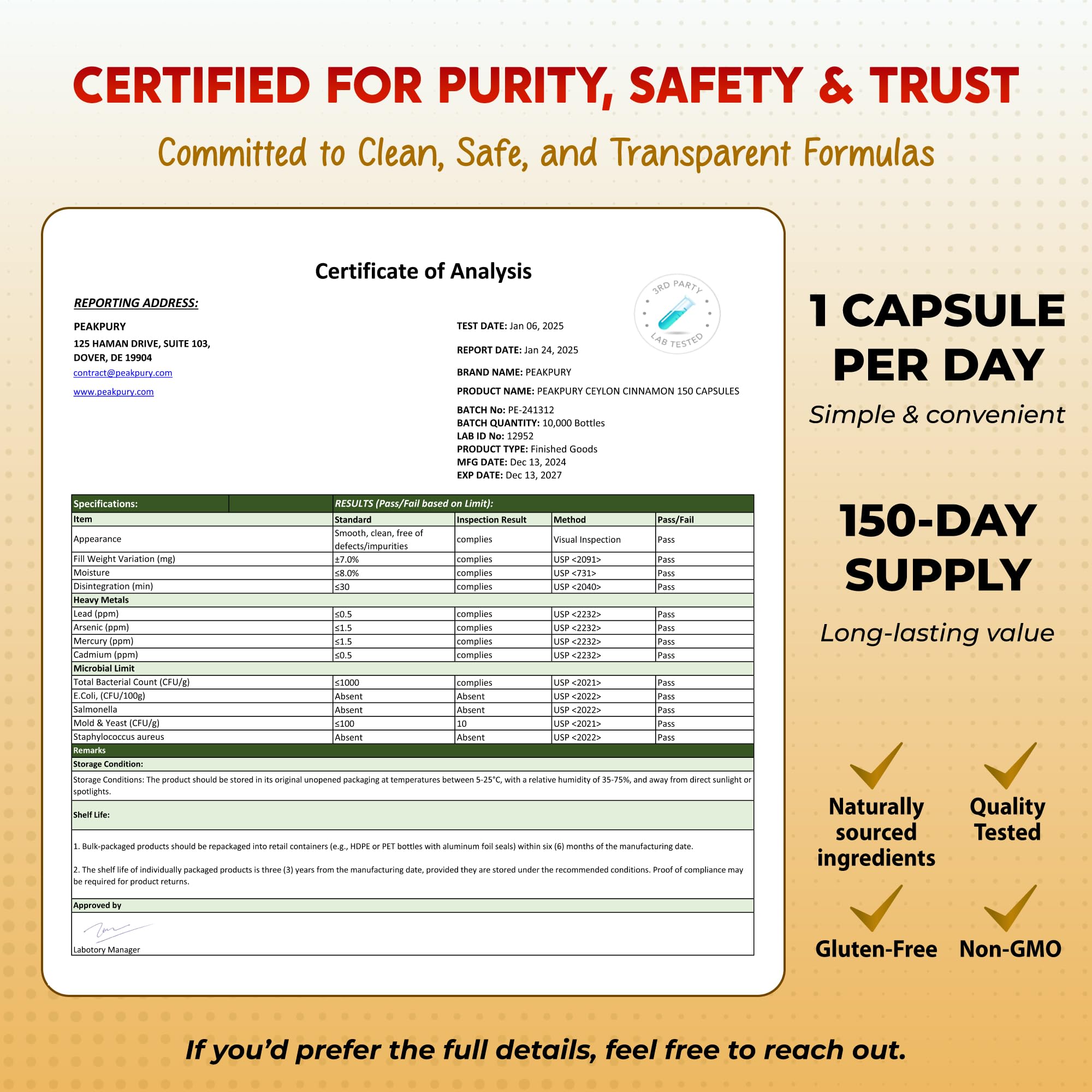 PEAKPURY GMP manufacturing seal on packaging reassuring quality control