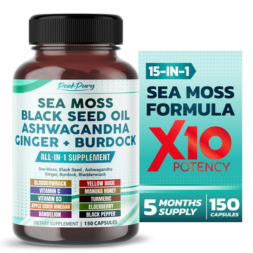 PeakPury sea moss bottle label showing immune-support blend for daily wellness