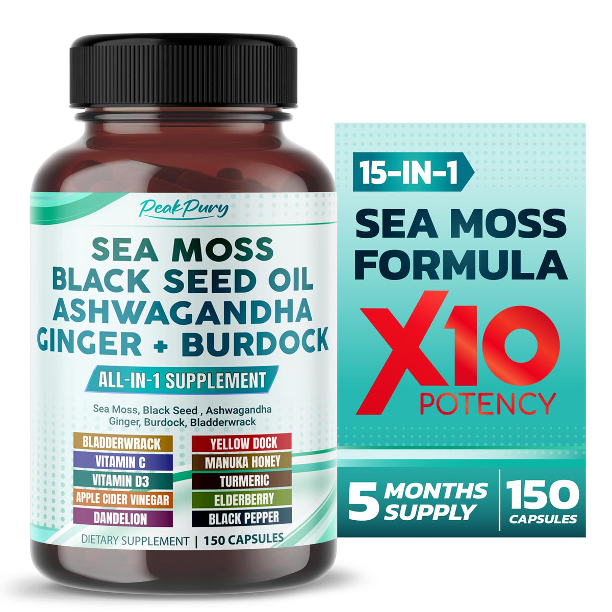PeakPury sea moss bottle label showing immune-support blend for daily wellness