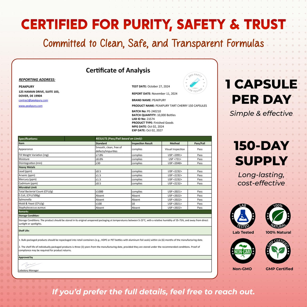 Third-party testing badge on PeakPury packaging ensuring ingredient quality
