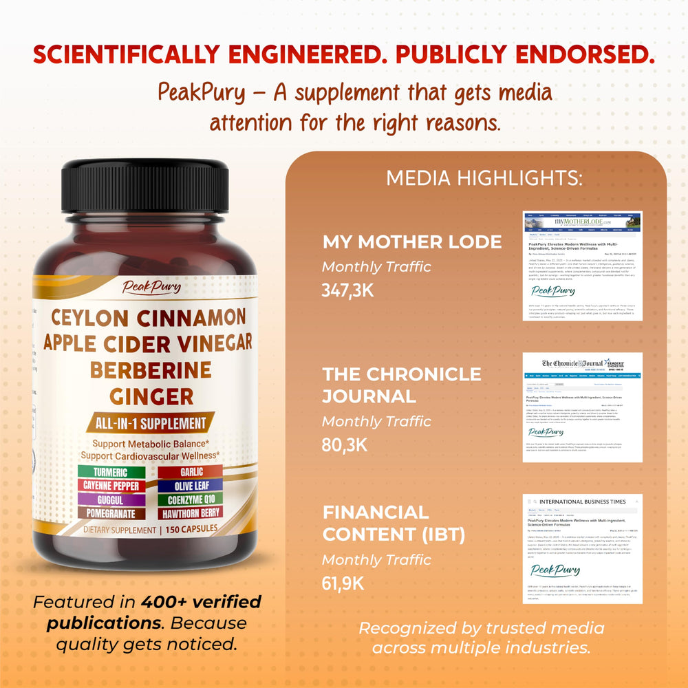PEAKPURY capsules being poured, illustrating a simple one-a-day routine for daily balance.