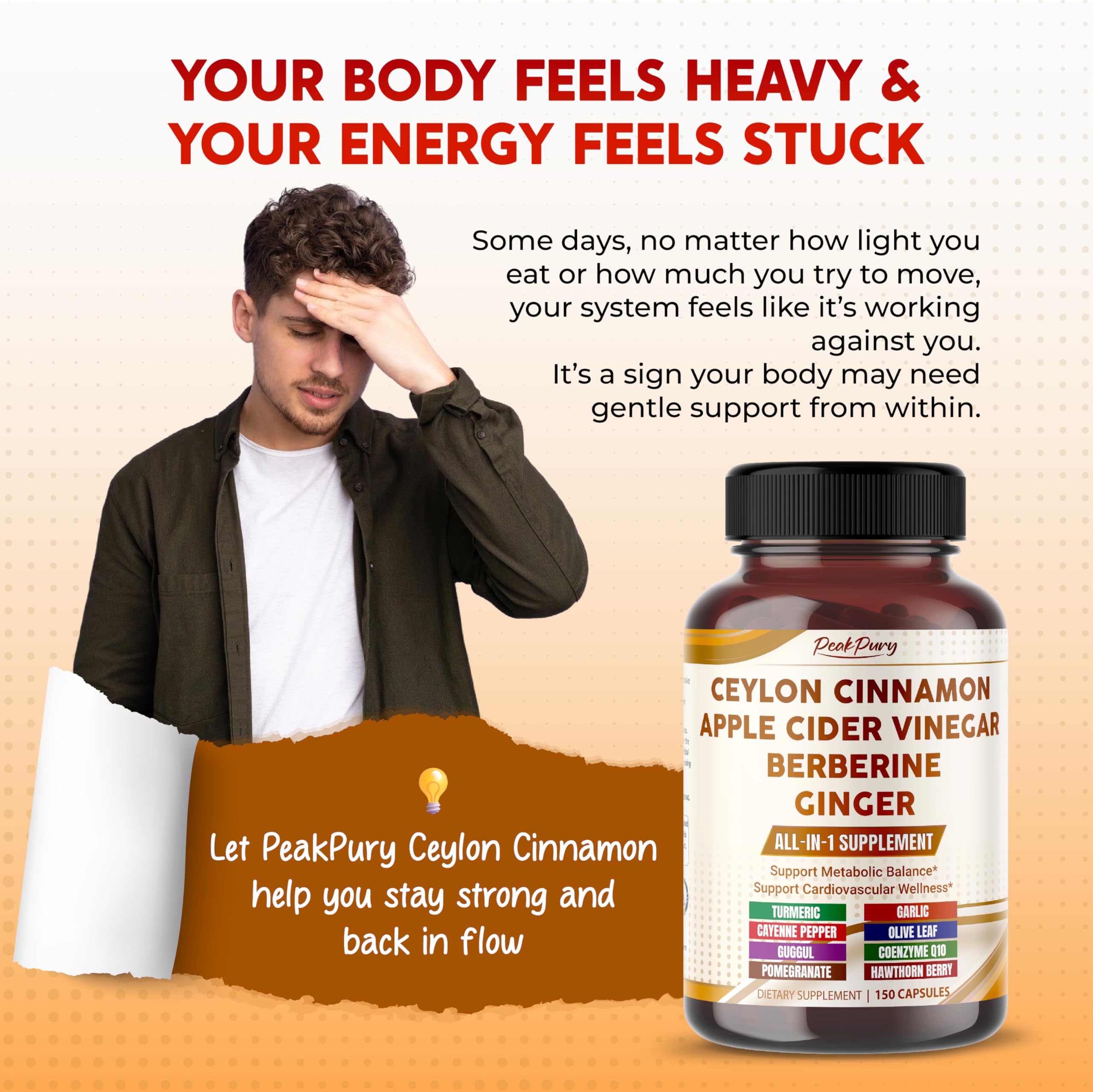 PEAKPURY capsules close-up highlighting berberine and ginger for metabolic support.