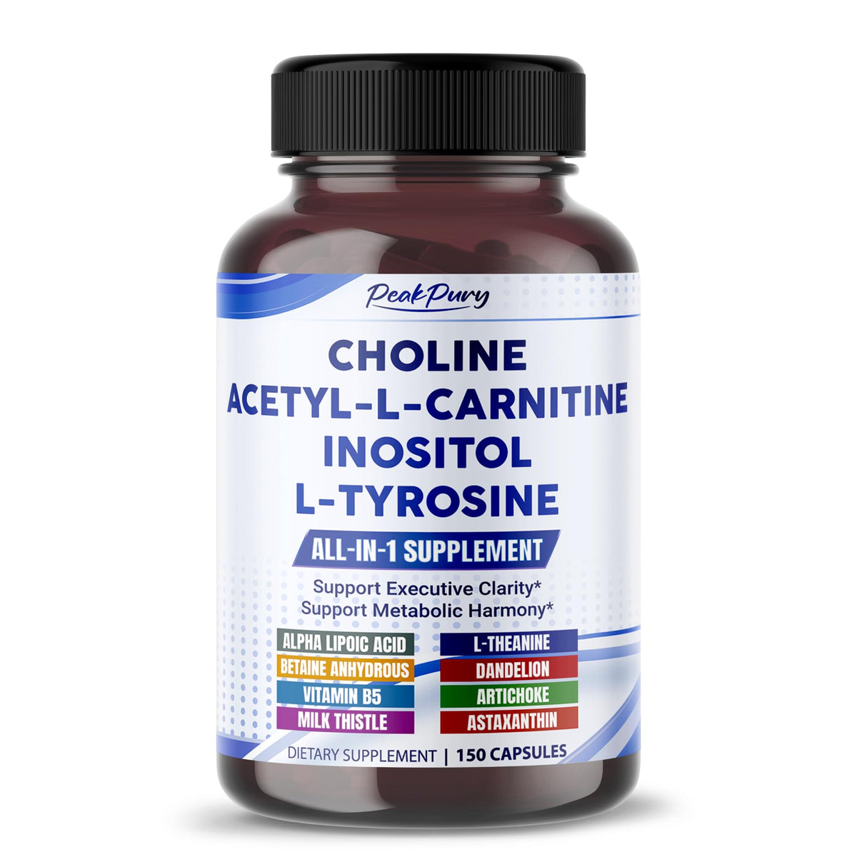 Peakpury Ultra Choline capsules bottle for focused work sessions.