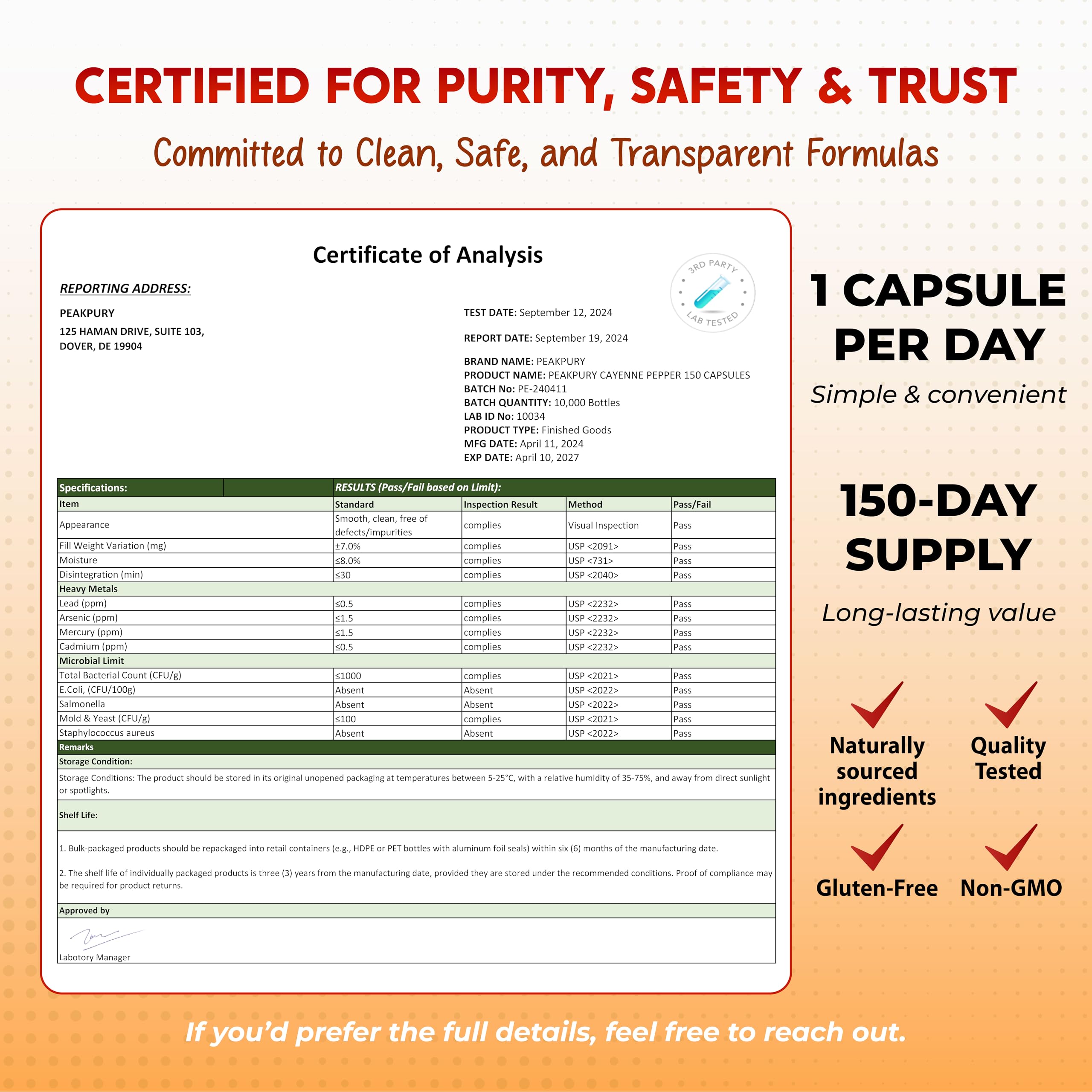 PEAKPURY vegan non-GMO gluten-free seal on bottle