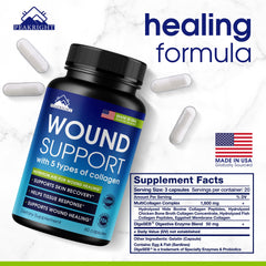 Peakright Wound Support bottle label close-up highlighting tissue response ingredients.
