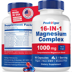 PeakVigor 16-in-1 magnesium bottle for daily wellness and easy dosing.