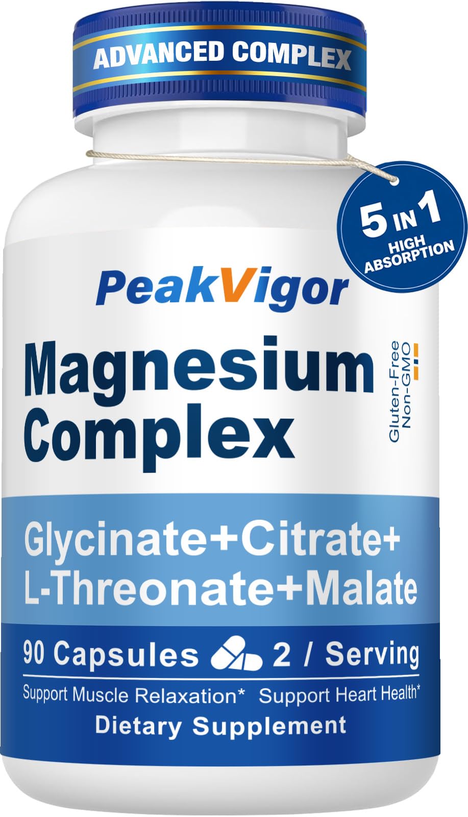 PeakVigor 5-in-1 Magnesium Complex bottle highlights a balanced daily wellness blend.